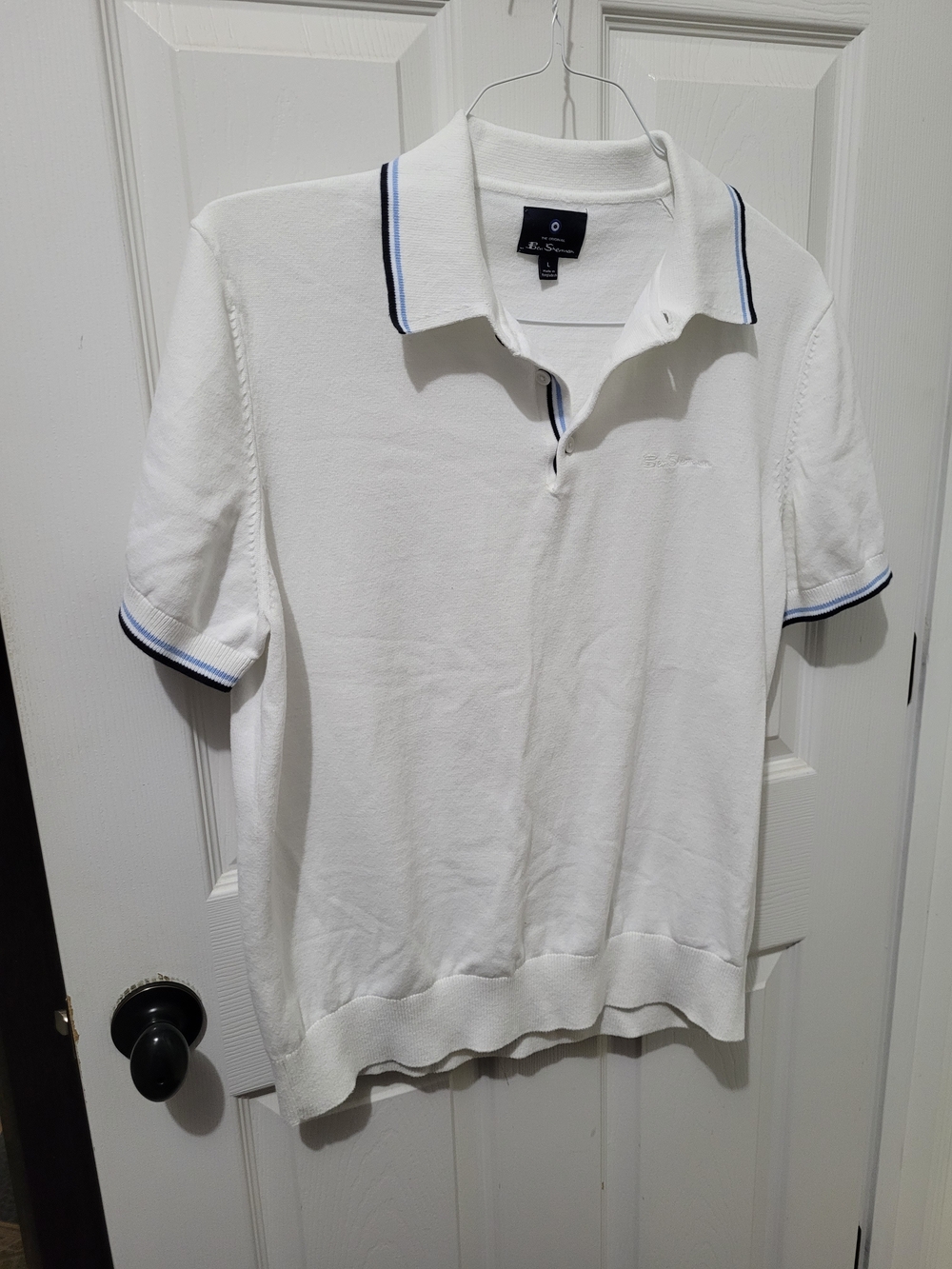 Ben Sherman White Polo with Navy Trim and Double Stripe